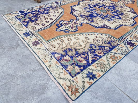 52×141 \"幸せの青い鳥\" ViNTAGE TURKiSH RUG 6'3x9 Ft, ORANGE TEAL MOTIFS, Turkish Rug Soft, Tribal Rug