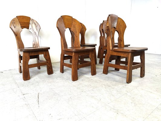 Vintage Brutalist Wooden Dining Chairs 1960s Set of 6 for sale at Pamono