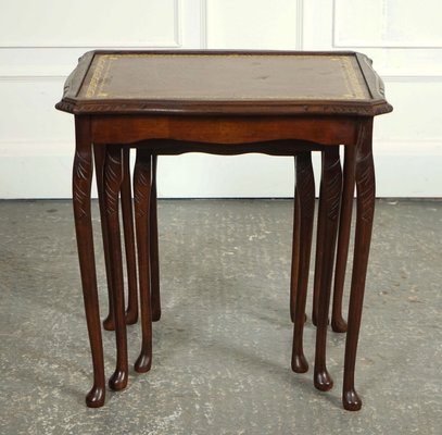 Vintage Queen Anne Nest of Tables with Legs with Brown Embossed Leather Top