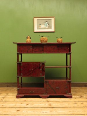 Japanese Red Lacquered Shodana Cabinet with Cherry Blossoms, 1880s