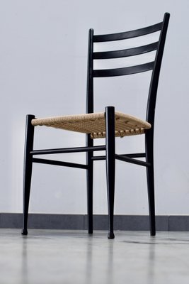 Mid-Century Living Room Chairs in Black Lacquered Wood and Rope