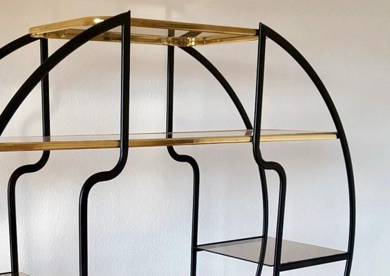 Large Hollywood Regency Round Room Divider Shelf in Black Metal