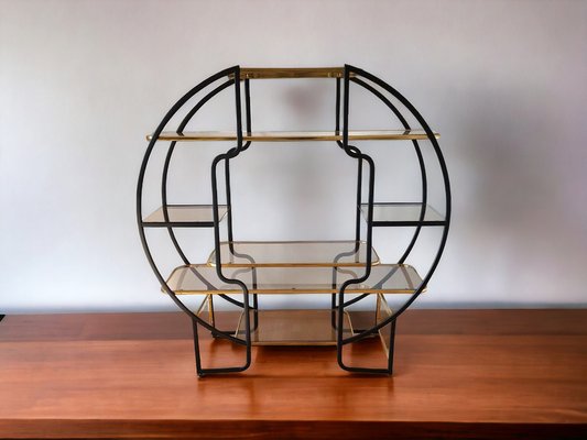 Large Hollywood Regency Round Room Divider Shelf in Black Metal