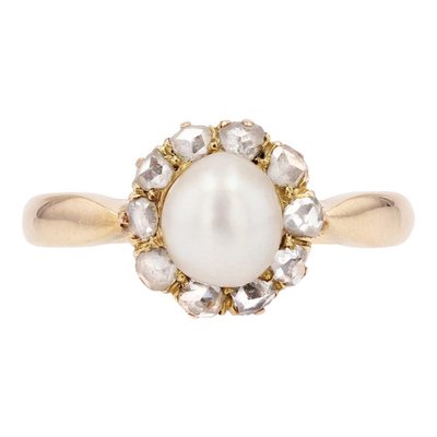 Bague Antique Or 18k Marguerite Perle Diamant - Taille 49 (circa 1900) | Occasion Sertie Cluster