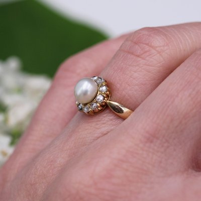 Bague Marguerite En Or Jaune 18K Et Platine Avec Diamants - Taille 53.5, Occasion