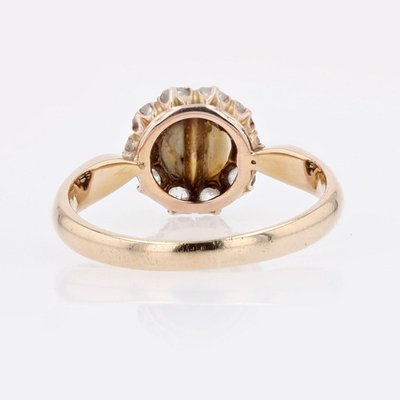 Bague marguerite en or jaune 18k, perle fine et diamants, XIXe