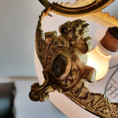 Lustre Ancien En Bronze Et Verre - Plafonnier Rétro Sans Marque - Déco Vintage