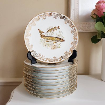 French Porcelain Fish Plates from Limoges, Set of 13 for sale at