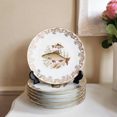French Porcelain Fish Plates from Limoges, Set of 13 for sale at
