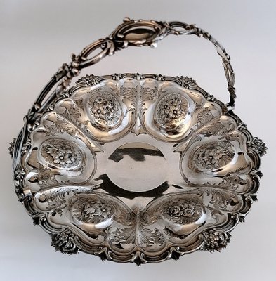 Victorian Chiseled and Engraved Sterling Silver Basket with Handle