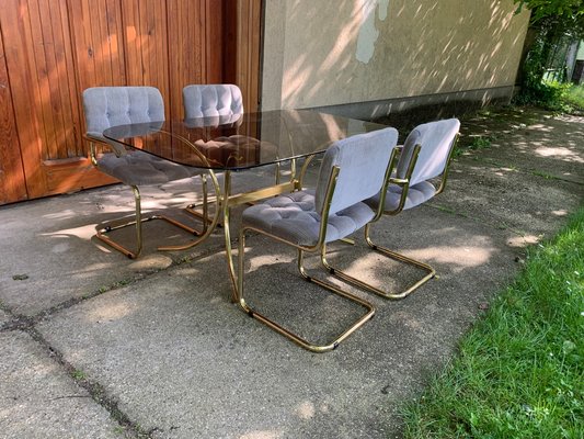 Vintage Italian Dining Chairs and Table in Brass 1970s Set of 5