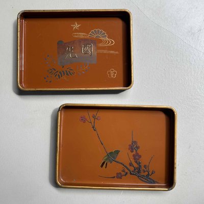 Meiji Period Wooden Lacquerware Trays, Urushi-E, Japan, 1890s, Set