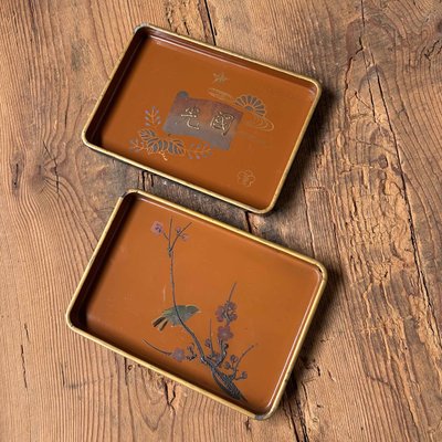 Meiji Period Wooden Lacquerware Trays, Urushi-E, Japan, 1890s, Set