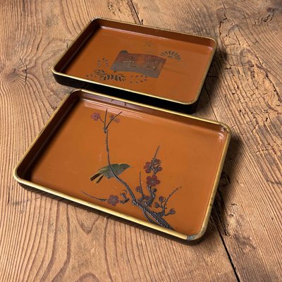 Meiji Period Wooden Lacquerware Trays, Urushi-E, Japan, 1890s, Set