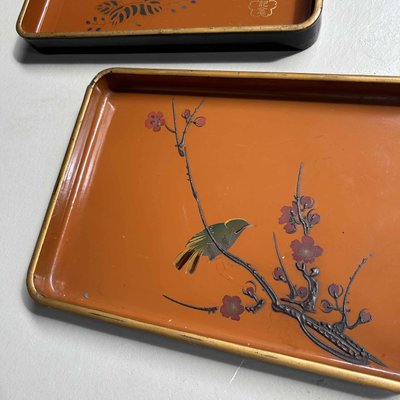 Meiji Period Wooden Lacquerware Trays, Urushi-E, Japan, 1890s, Set