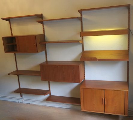 3-Bay Teak Modular Wall Shelf System with Desk and Light by Kai 