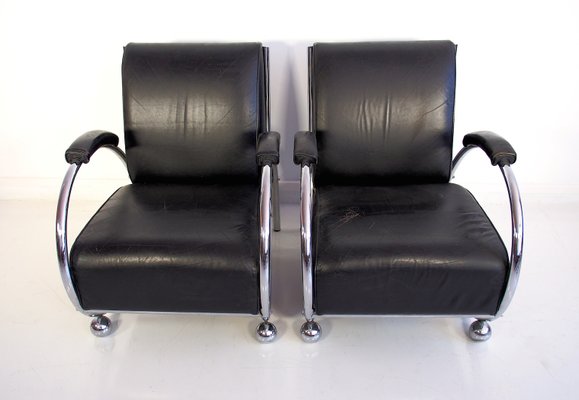 Mid Century Black Leather Armchairs With Tubular Chrome Plated Steel Mid Century Black Leather Armchairs With Tubular Chrome Plated Steel Frame Set Of