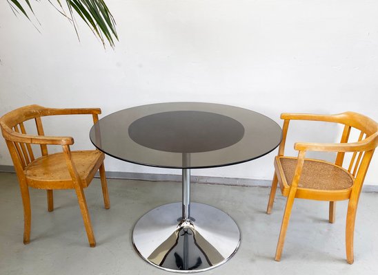 Mid Century Round Smoked Glass Dining Table in Chrome Tulip Base by Eero Saarinen Germany 1975