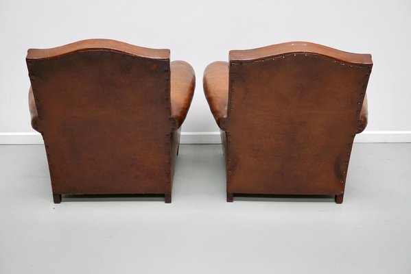 Set of French Cognac Moustache Back Leather Club Chairs, 1940s for