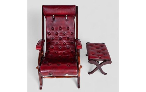 Vintage Reclining Armchair in Mahogany and Leather with Footrest Set of 2 for sale at Pamono