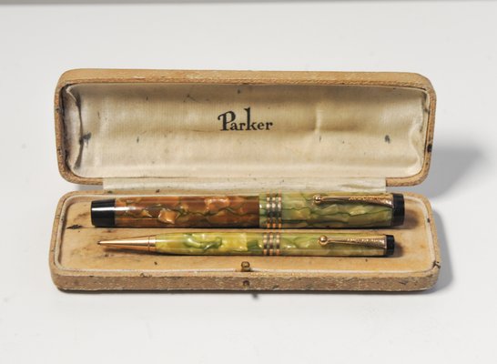 Art Deco Duofold Marbleised Fountain Pen Pencil Set in Original Parker Box from Parker 1930s Set of 2 for sale at Pamono
