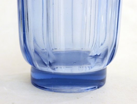 Art Deco Vase with Fluted Body in Blue Molded Pressed Glass, 1930s
