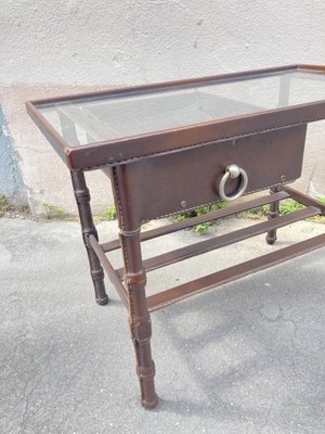 Jacques Adnet Metal, Leather and Wood Side Table on Casters Jacques Adnet Metal, Leather and Wood Side Table on Casters