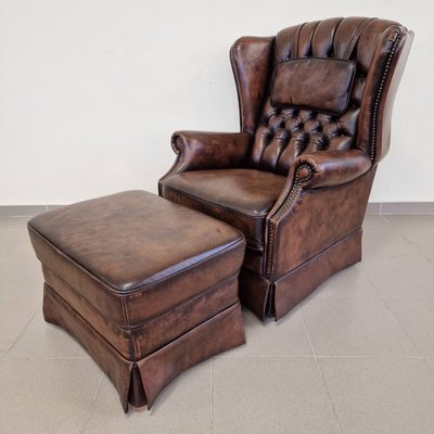 Chesterfield Armchair with Footstool in Genuine Leather Set of 2 for sale at Pamono