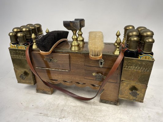 Antique and Portable Shoe Shine Kit in Wood and Brass, 1890s