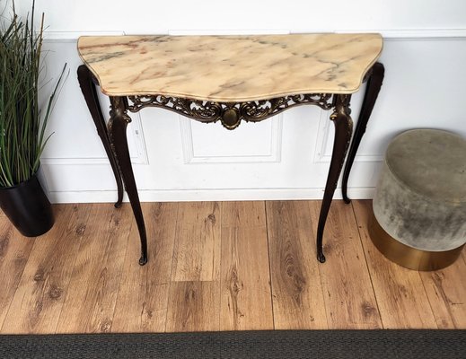 Midcentury Italian Brass Demilune Console Table with Marble Top 1950s