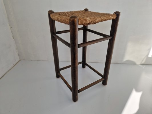 Modernist Rush and Beech Stool in the style of Charlotte Perriand