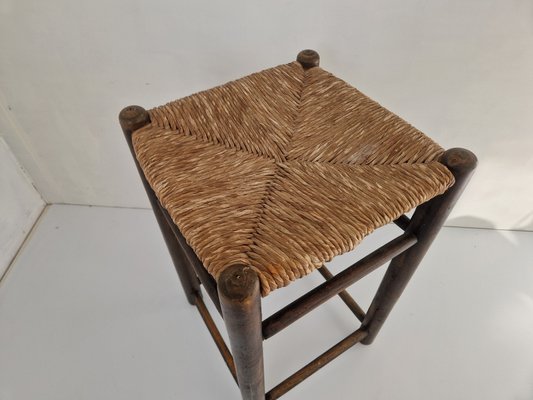 Modernist Rush and Beech Stool in the style of Charlotte Perriand