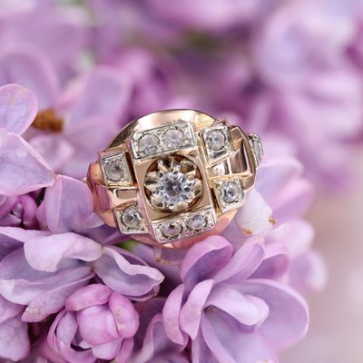 French Colorless Stone 18 Karat Rose Gold Tank Ring, 1950s