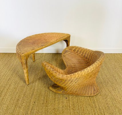 Lotus Meditation Chair and Rattan Table 1960s Set of 2