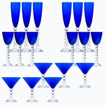 Deep Blue Baccarat Crystal Glasses, France, 1960, Set of 18 for