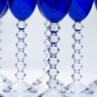 Deep Blue Baccarat Crystal Glasses, France, 1960, Set of 18