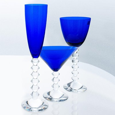 Deep Blue Baccarat Crystal Glasses, France, 1960, Set of 18 for