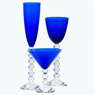 Deep Blue Baccarat Crystal Glasses, France, 1960, Set of 18
