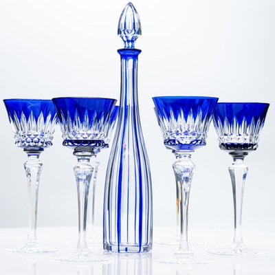 Deep Blue Overlay Baccarat Crystal Glasses and Decanter