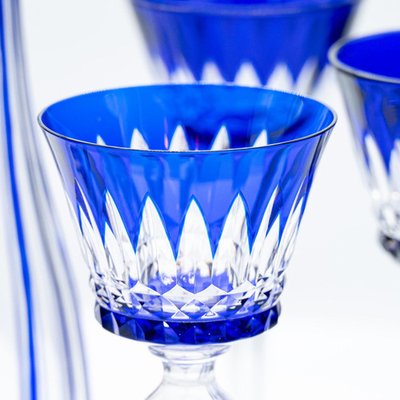 Deep Blue Overlay Baccarat Crystal Glasses and Decanter