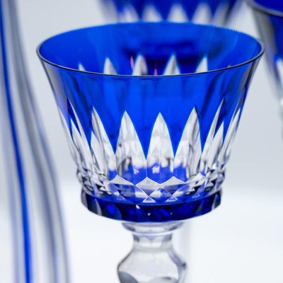 Deep Blue Overlay Baccarat Crystal Glasses and Decanter