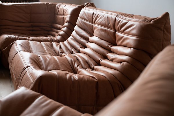 Brown Leather Togo Living Room Set by Michel Ducaroy for Ligne