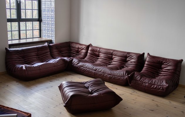 Burgundy Leather Togo Living Room Set by Michel Ducaroy for Ligne