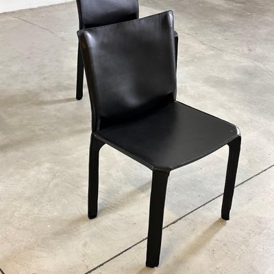 Black Leather Cab 412 Chairs attributed to Mario Bellini for