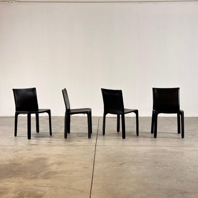 Black Leather Cab 412 Chairs attributed to Mario Bellini for