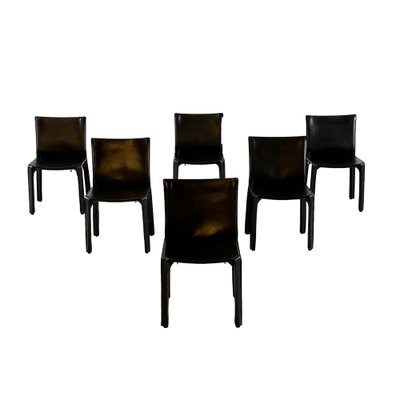 Black Leather Cab 412 Chairs attributed to Mario Bellini for Black Leather Cab 412 Chairs attributed to Mario Bellini for
