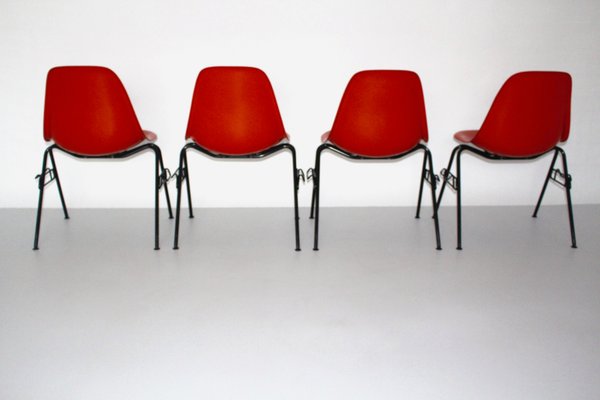 Red DSS N Side Chairs by Charles & Ray Eames for Herman Miller, 1950s, Set of 4 Red DSS N Side Chairs by Charles & Ray Eames for Herman Miller, 1950s, Set of 4