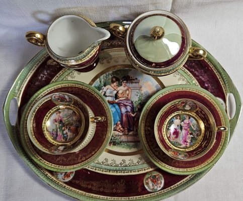 Service à Thé Ancien En Porcelaine De Saxe - Beige - Motif Années 70 - 20 Pièces