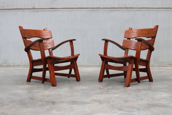 Set of Low Mid-Century Brutalist Arm Chairs in Oak, 1960 for sale