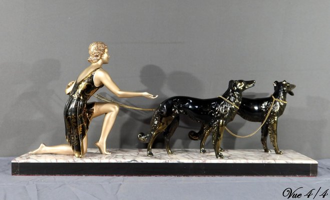 Plaque Murale Art Déco Tchécoslovaquie – Dame Au Lévrier, 1920, Peinte à La Main